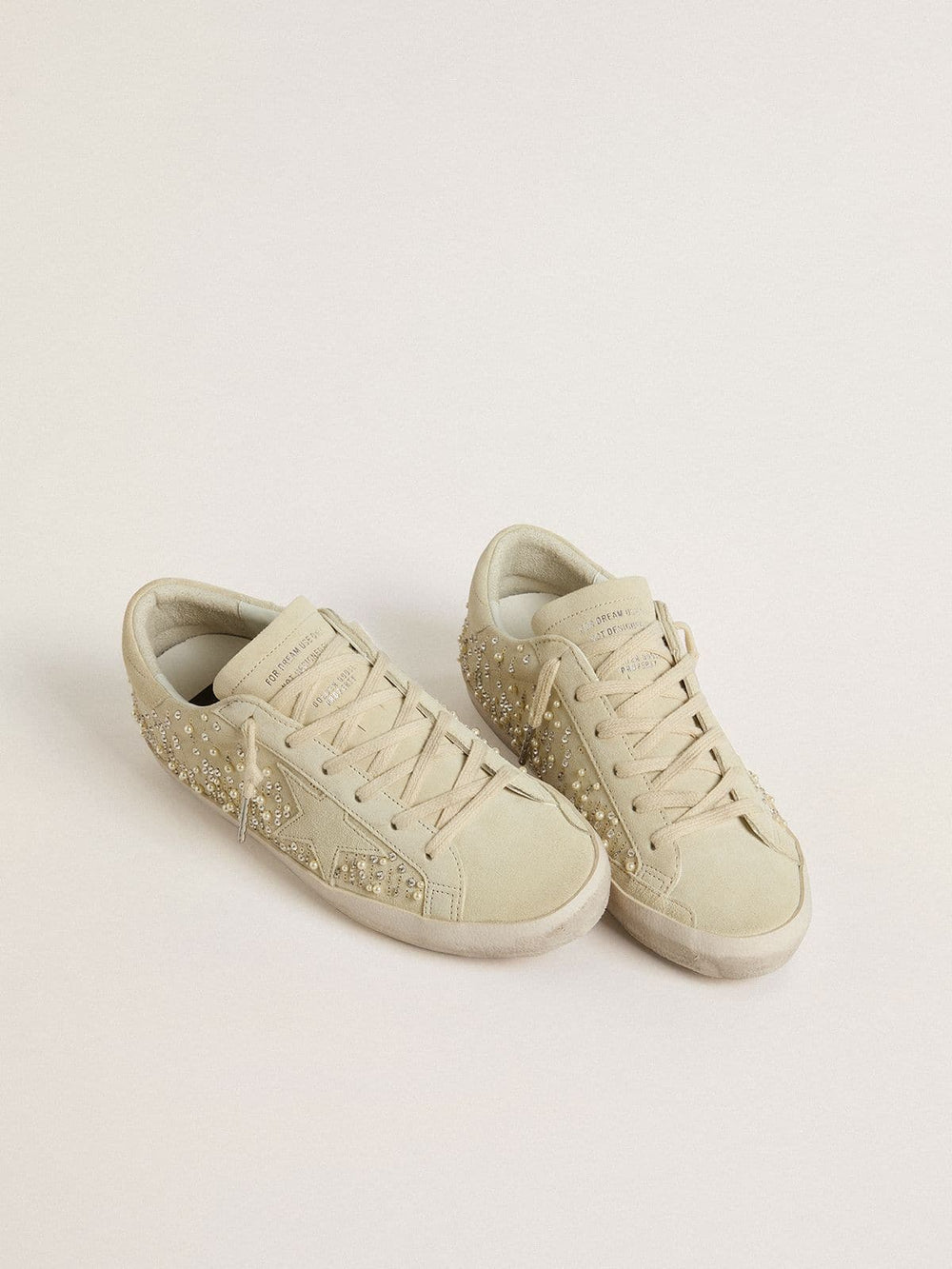 Golden Goose Women’s Super-Star in beige suede with pearls and Swarovski crystals