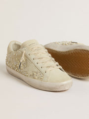 Golden Goose Women’s Super-Star in beige suede with pearls and Swarovski crystals