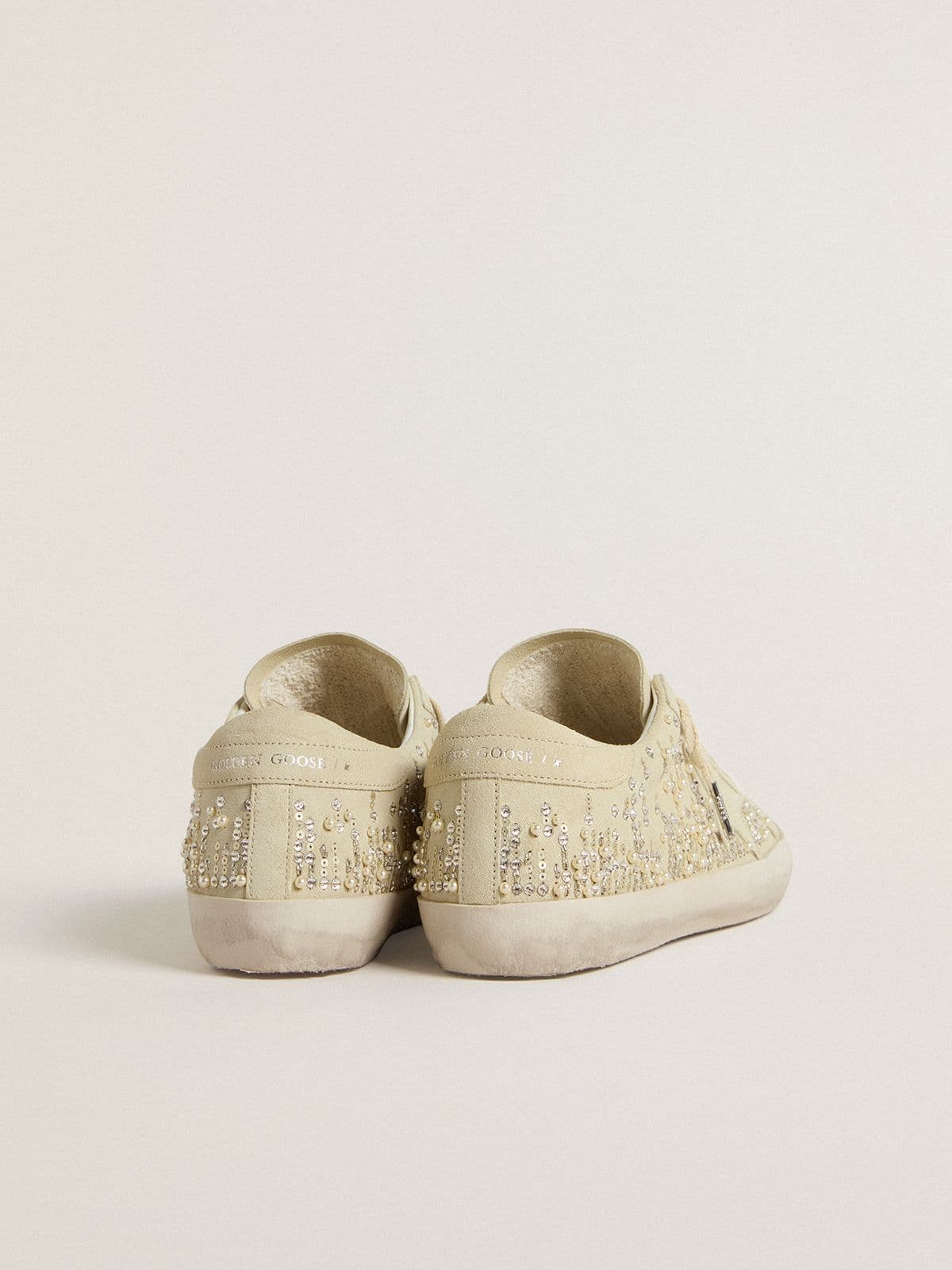 Golden Goose Women’s Super-Star in beige suede with pearls and Swarovski crystals