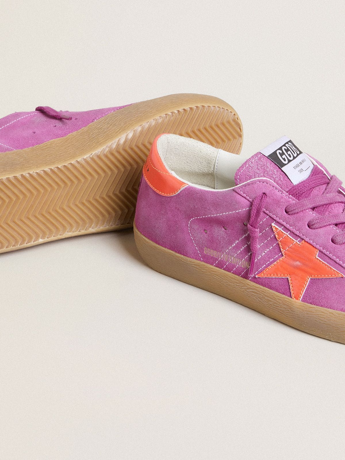 Golden Goose Women's Super-Star in fuchsia suede with fluorescent orange laminated leather star and heel tab