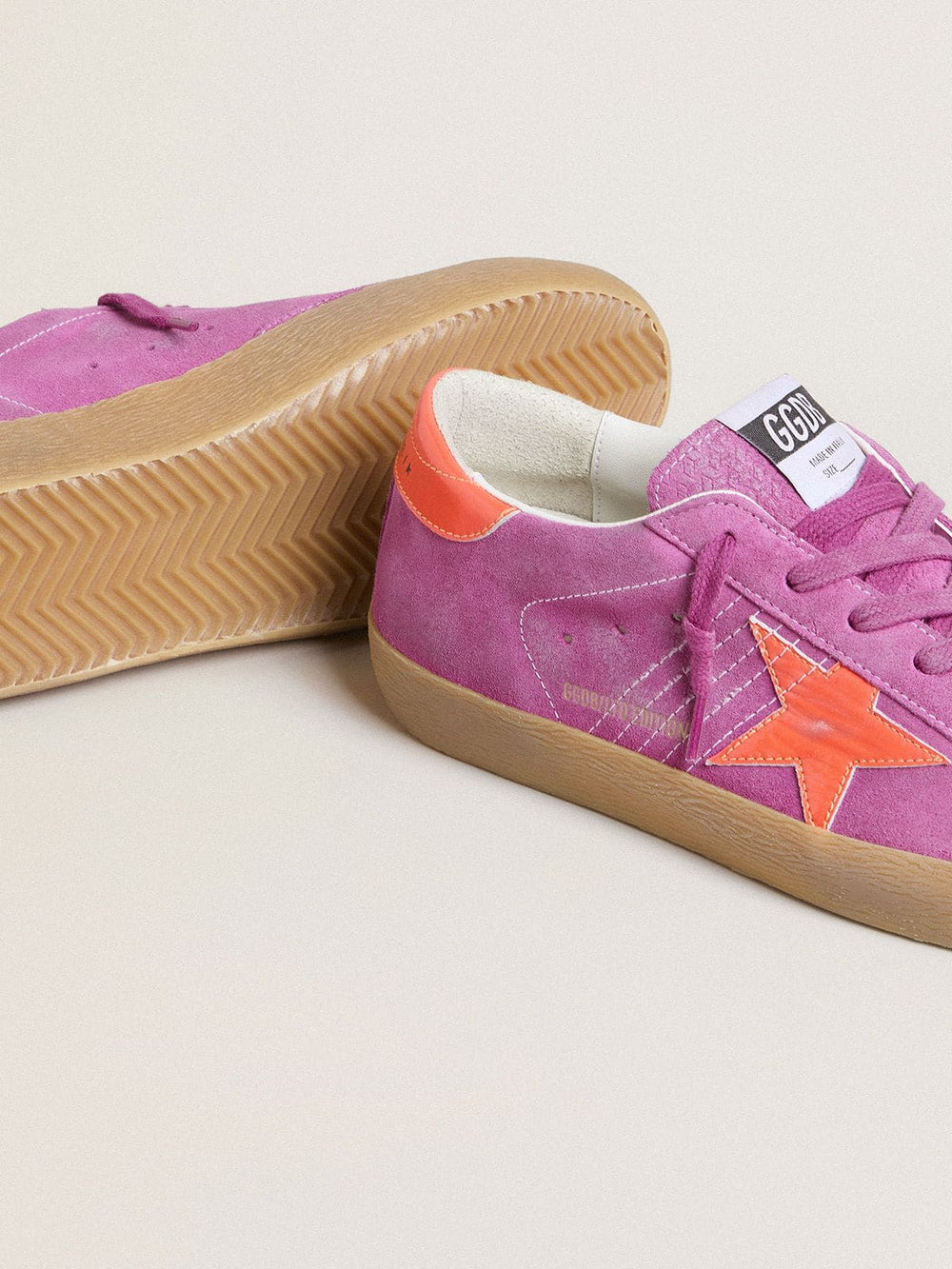 Golden Goose Women's Super-Star in fuchsia suede with fluorescent orange laminated leather star and heel tab