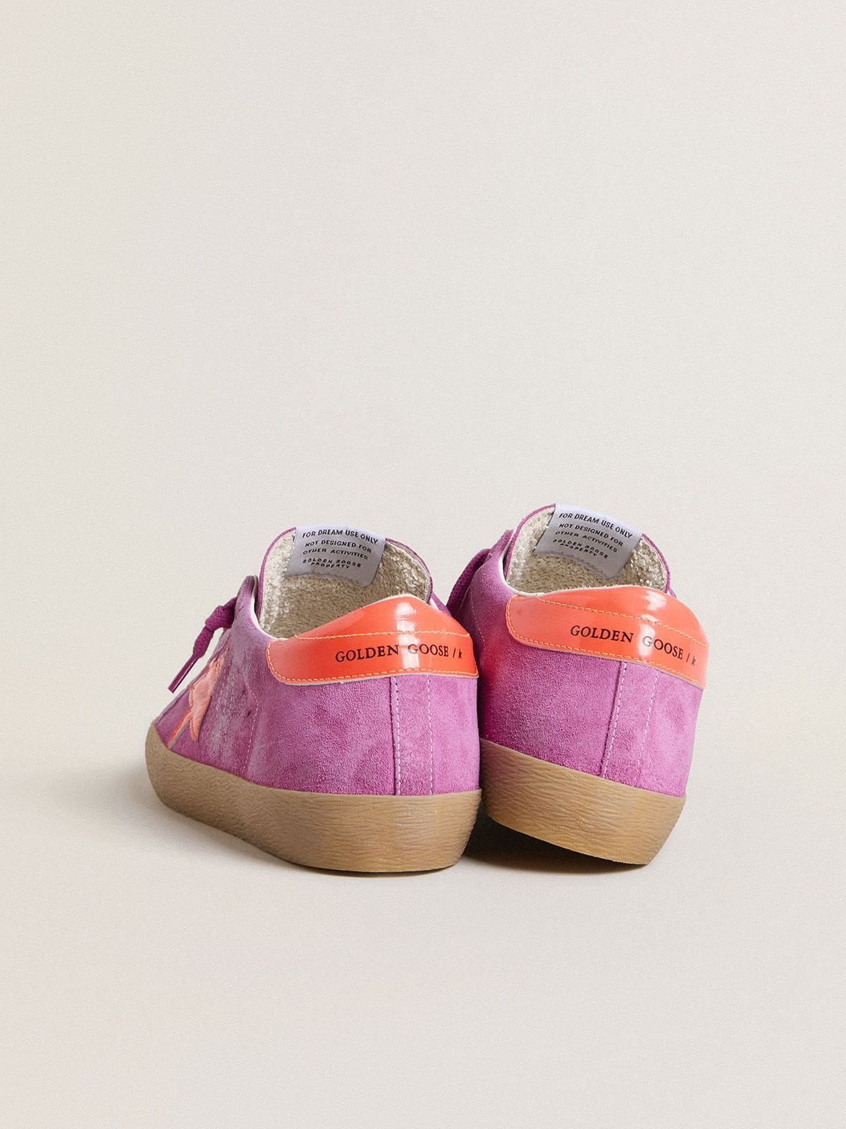 Golden Goose Women's Super-Star in fuchsia suede with fluorescent orange laminated leather star and heel tab