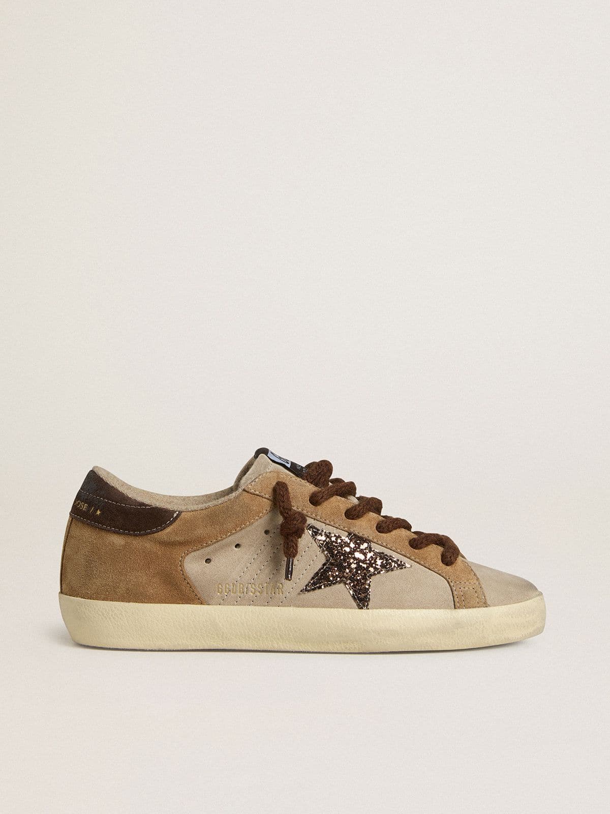Golden Goose Women's Super-Star in beige and brown suede with brown glitter star