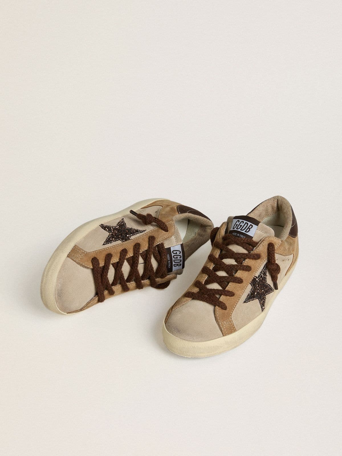 Golden Goose Women's Super-Star in beige and brown suede with brown glitter star