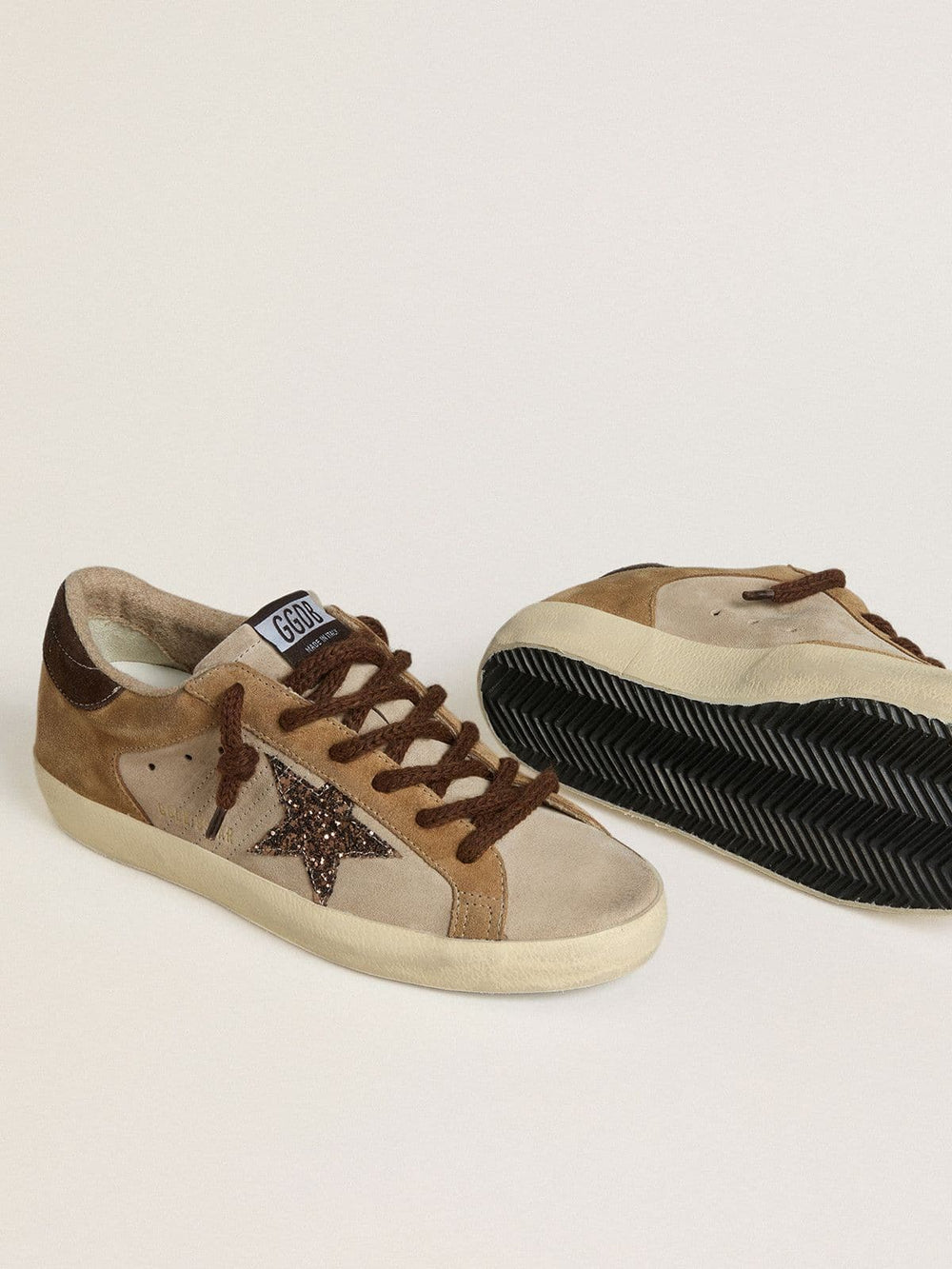 Golden Goose Women's Super-Star in beige and brown suede with brown glitter star