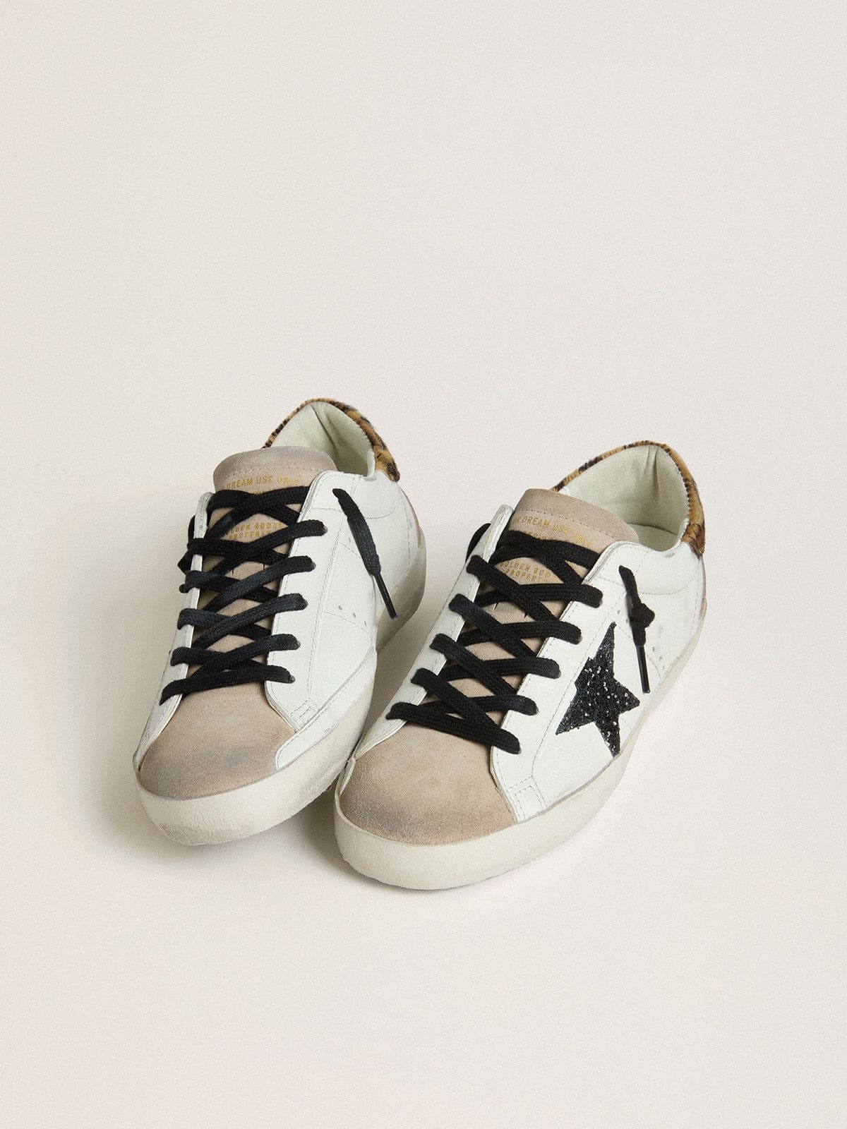 Golden Goose Women's Super-Star with black glitter star and leopard-print pony skin heel tab