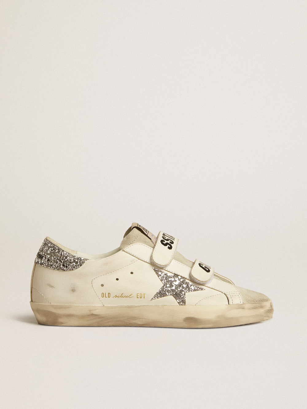 Golden Goose Women’s Old School with silver glitter star and ice-gray suede tongue