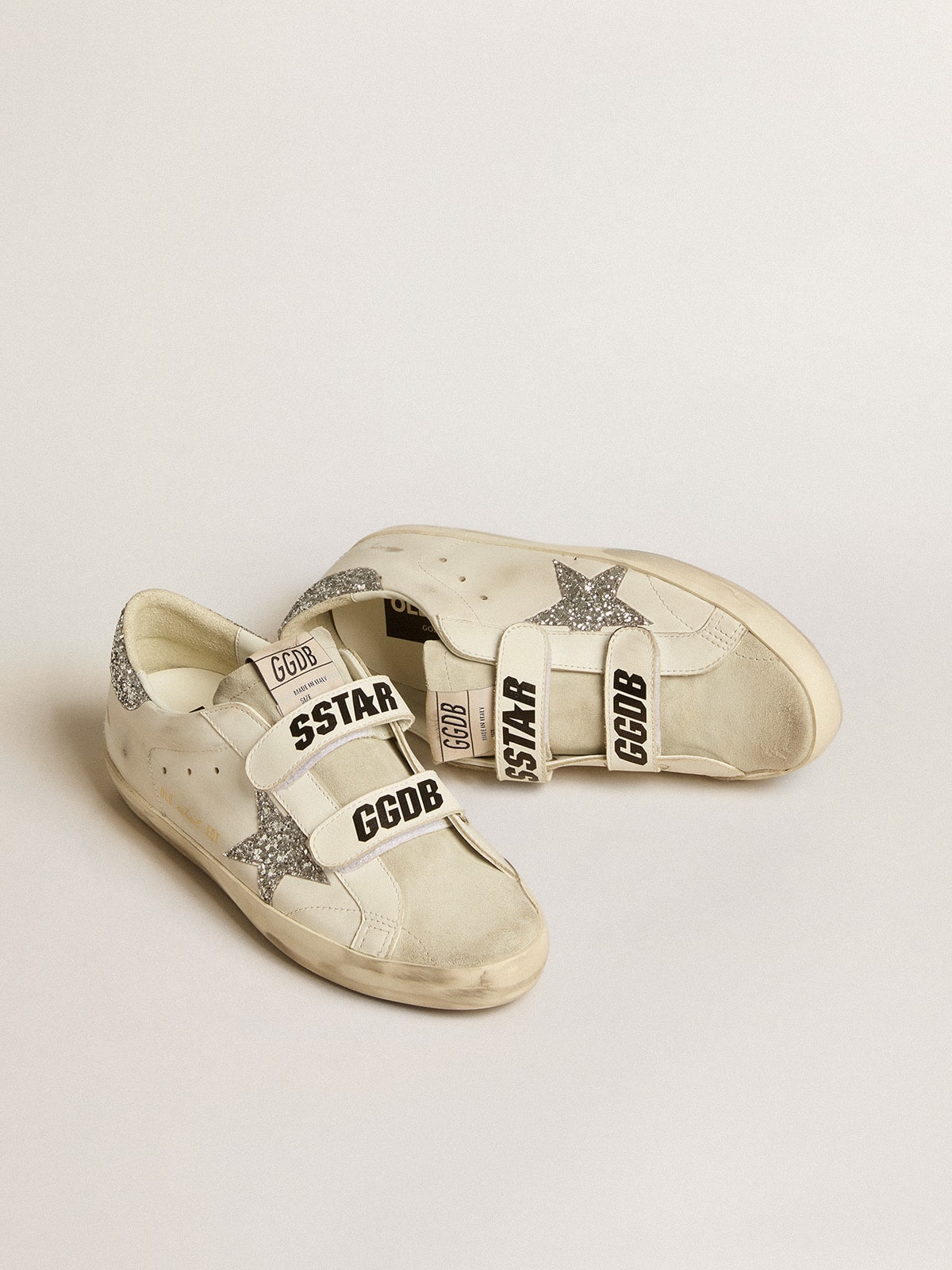Golden Goose Women’s Old School with silver glitter star and ice-gray suede tongue