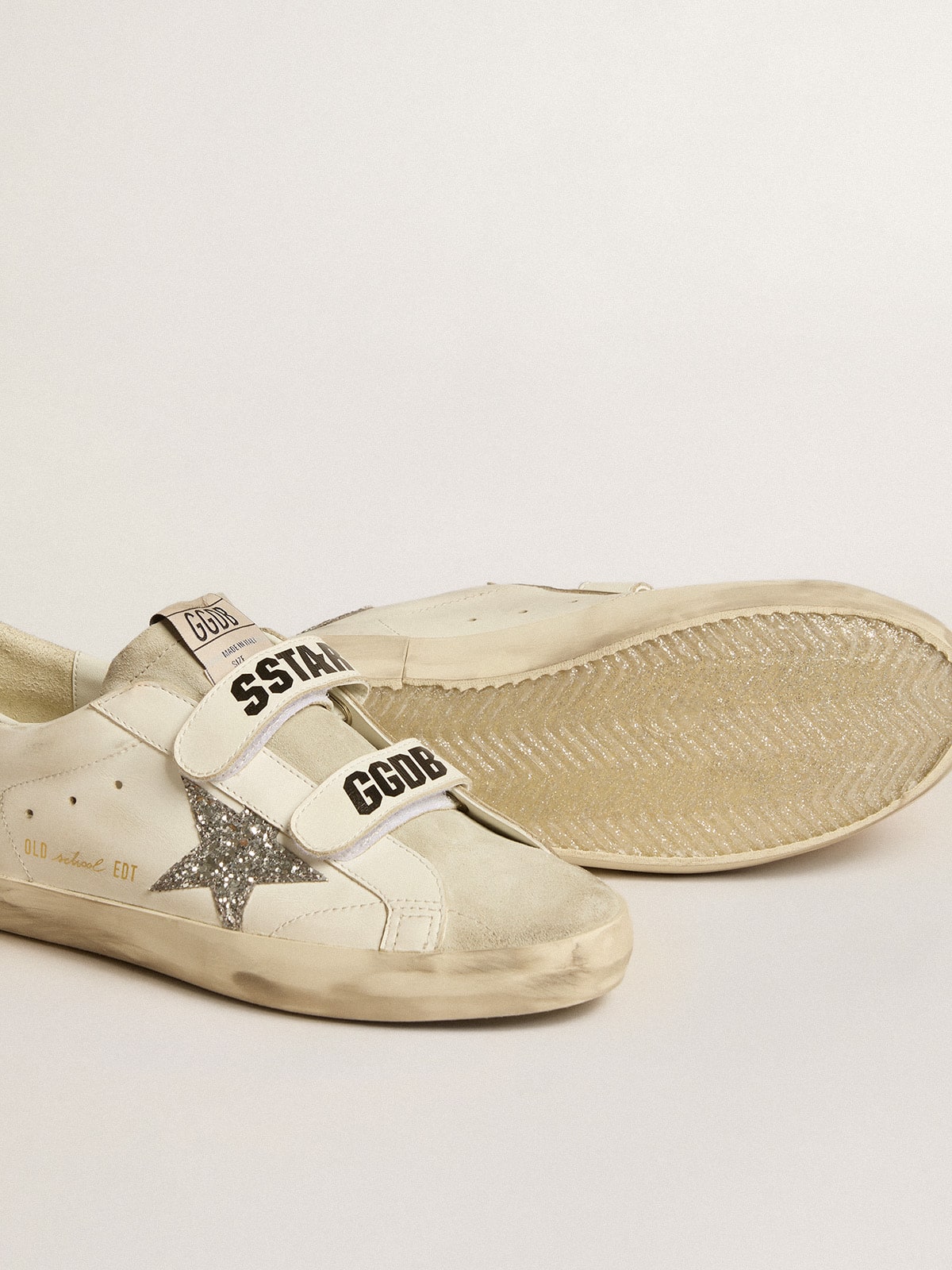 Golden Goose Women’s Old School with silver glitter star and ice-gray suede tongue