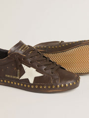 Golden Goose Women’s Super-Star LTD in dark brown leather with cream suede star and studs