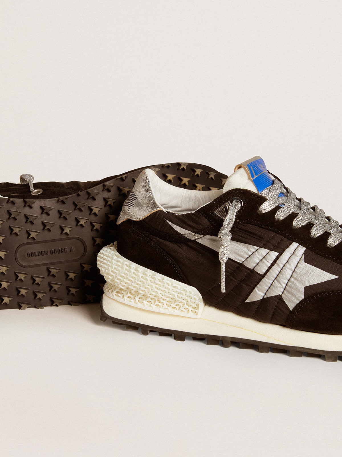Golden Goose Women’s Marathon with black ripstop nylon upper and silver star