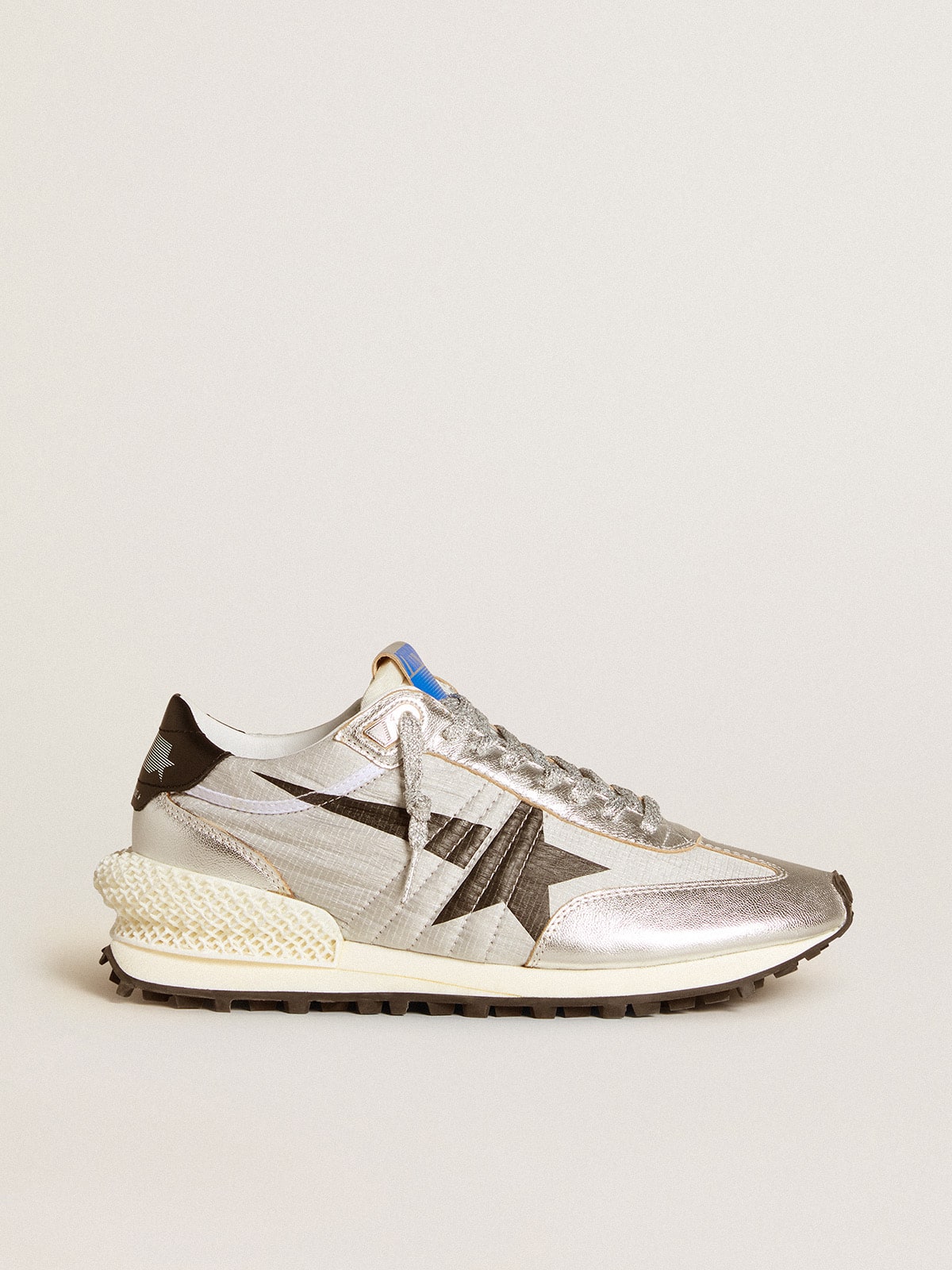 Golden Goose Women’s Marathon with silver ripstop nylon upper and black star