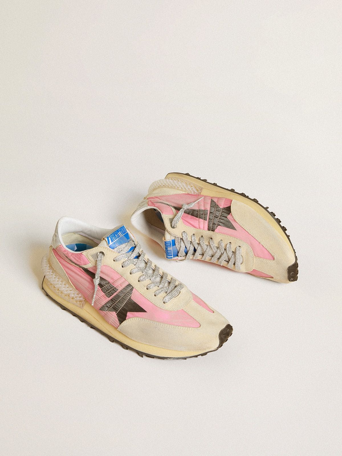 Golden Goose Women's Marathon in pink nylon and beige suede with black printed star