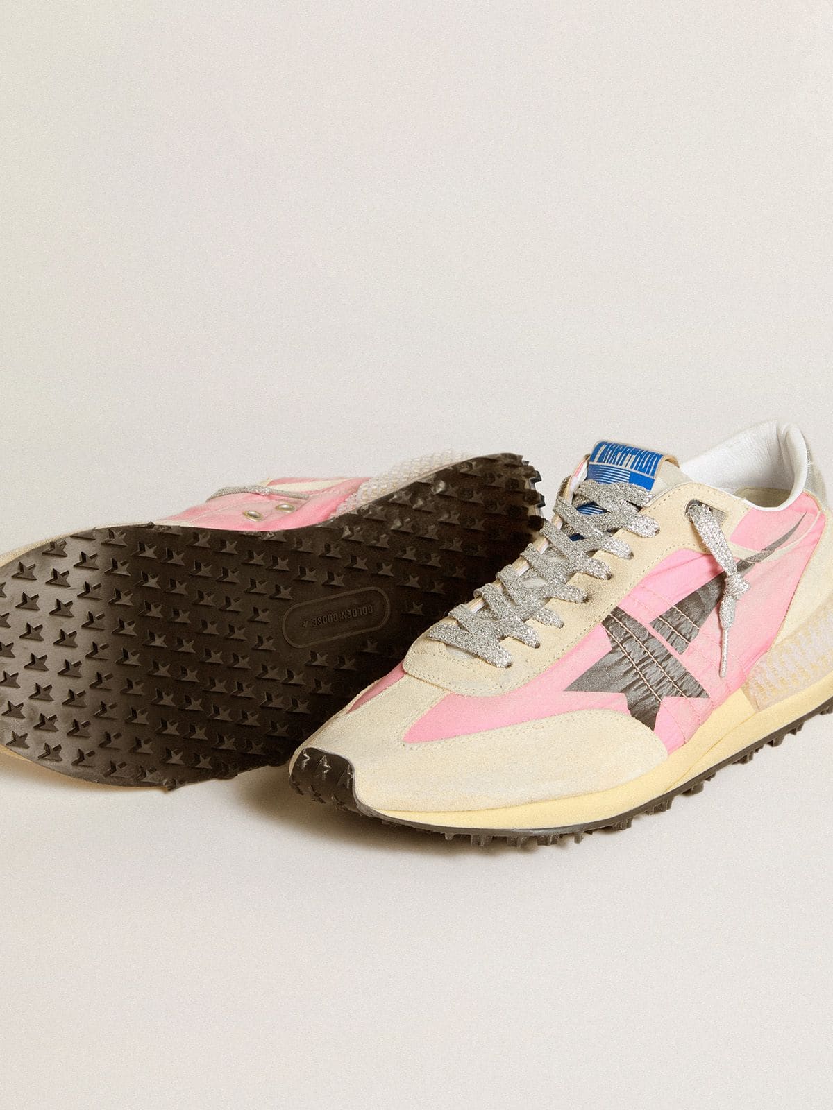 Golden Goose Women's Marathon in pink nylon and beige suede with black printed star