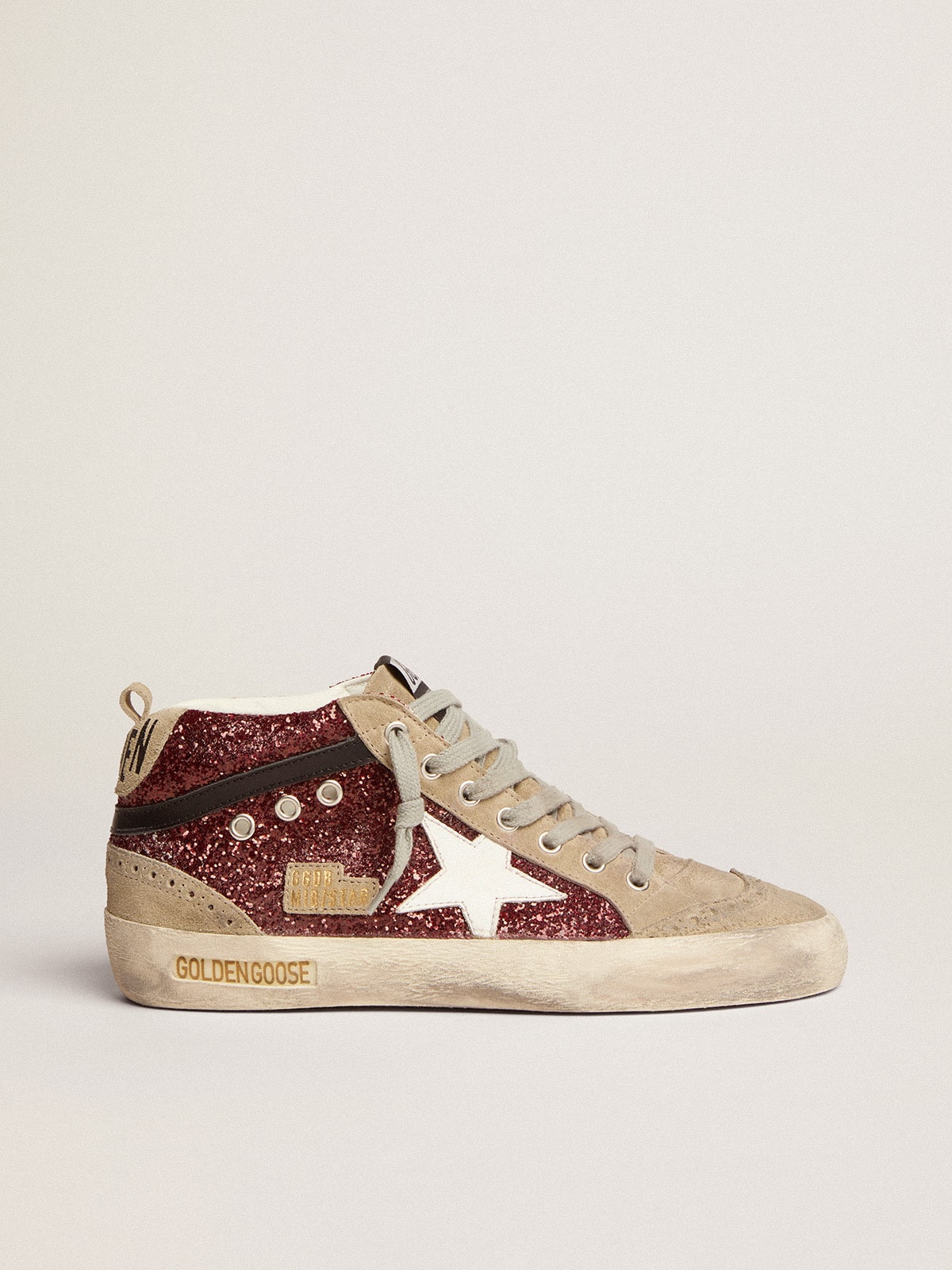 Golden Goose Women's Mid Star in burgundy glitter with gray inserts and white star