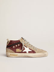 Golden Goose Women's Mid Star in burgundy glitter with gray inserts and white star