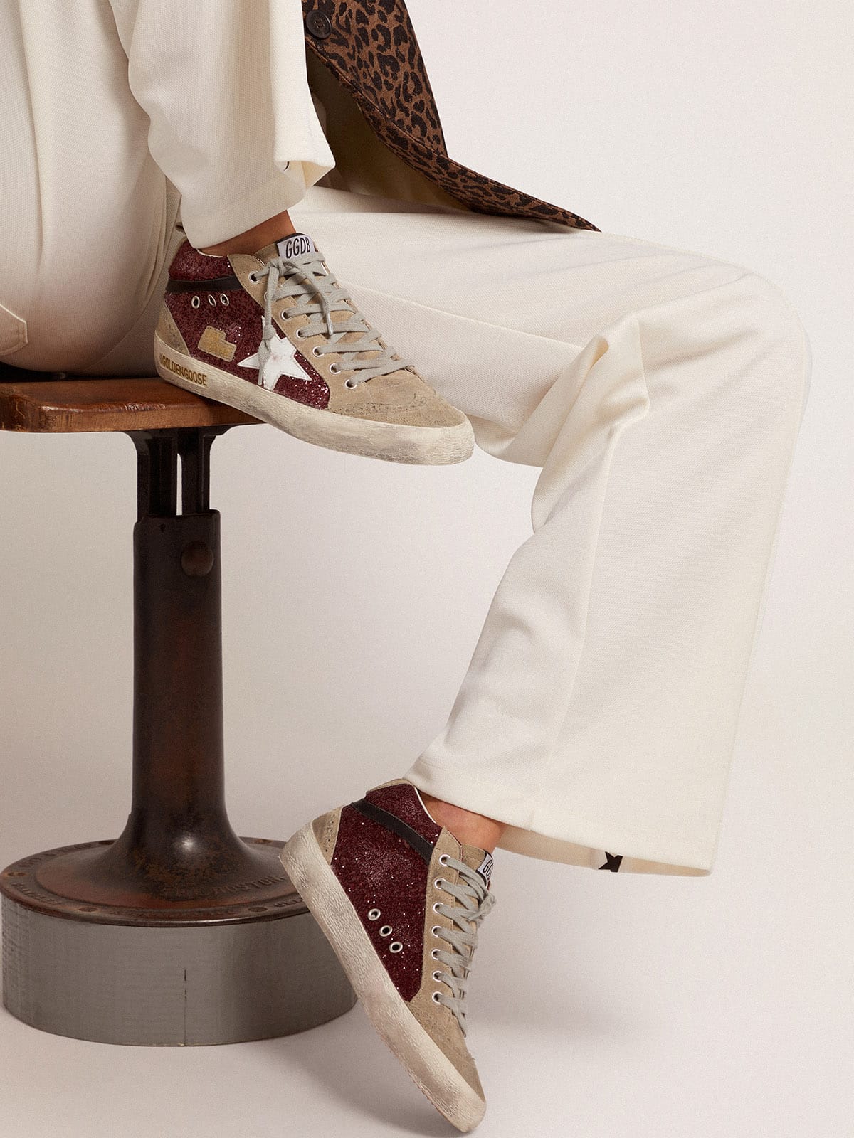 Golden Goose Women's Mid Star in burgundy glitter with gray inserts and white star