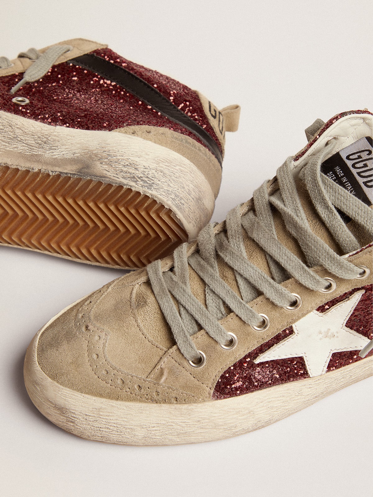 Golden Goose Women's Mid Star in burgundy glitter with gray inserts and white star