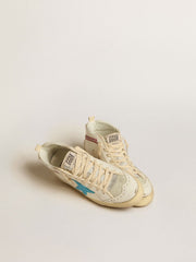 Golden Goose Women's Mid Star in leather with light blue star and fuchsia suede flash with platinum studs