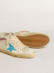 Golden Goose Women's Mid Star in leather with light blue star and fuchsia suede flash with platinum studs