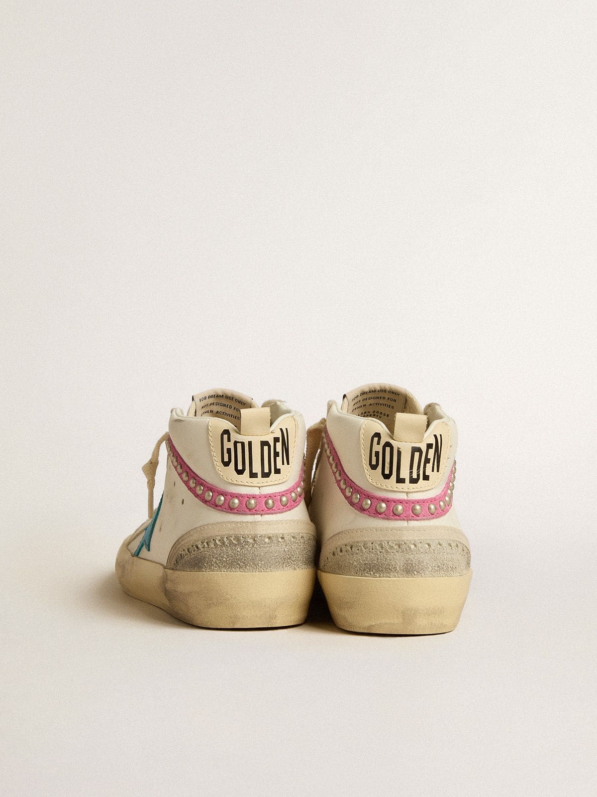 Golden Goose Women's Mid Star in leather with light blue star and fuchsia suede flash with platinum studs