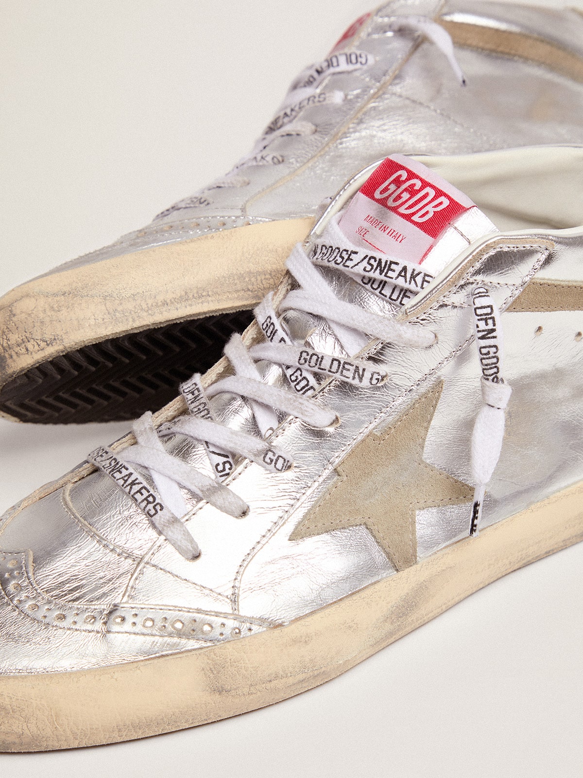 Golden Goose Women's Mid Star in silver laminated leather with dove gray star