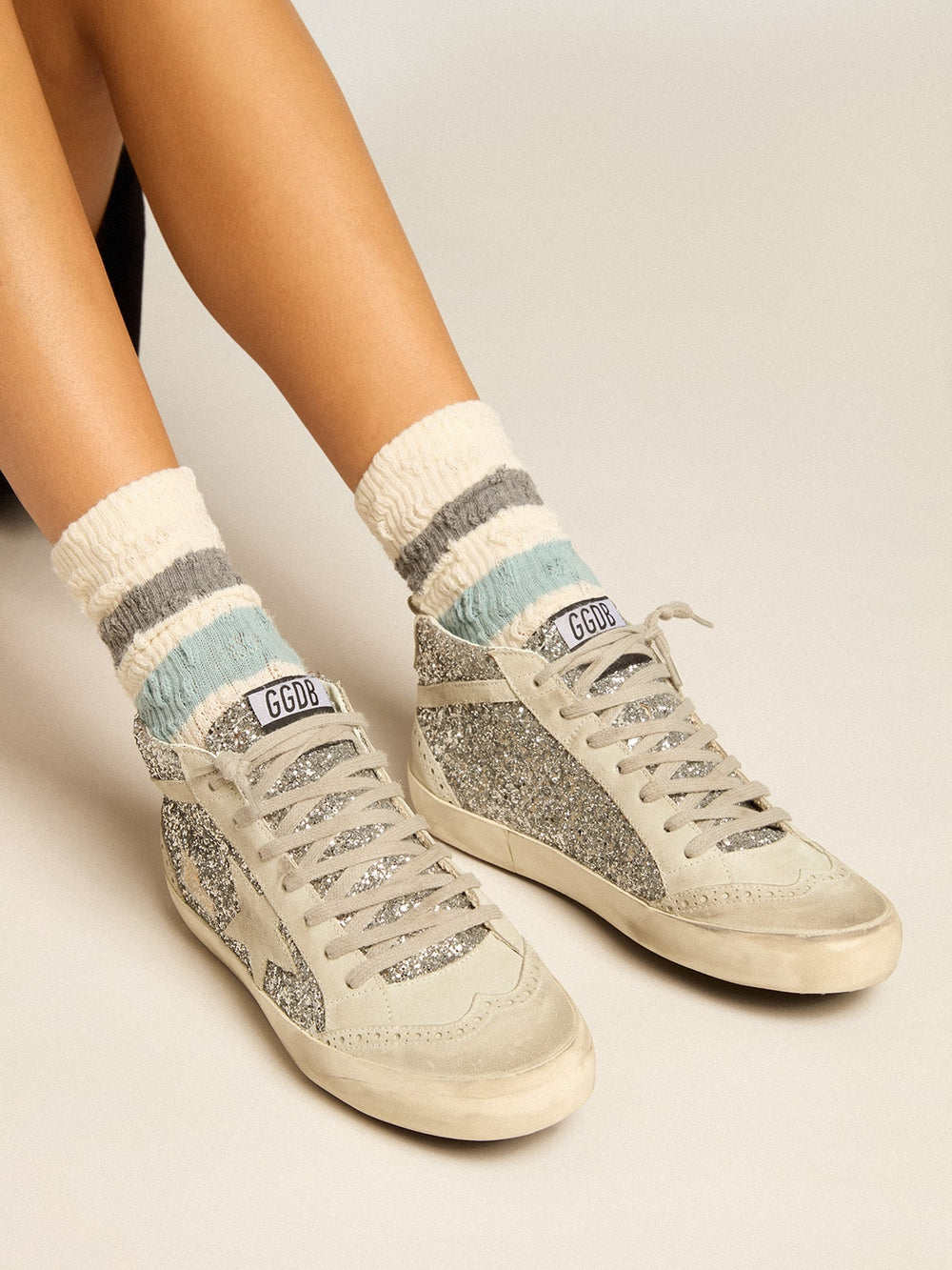 Golden Goose Mid Star in silver glitter with ice-gray suede star and flash