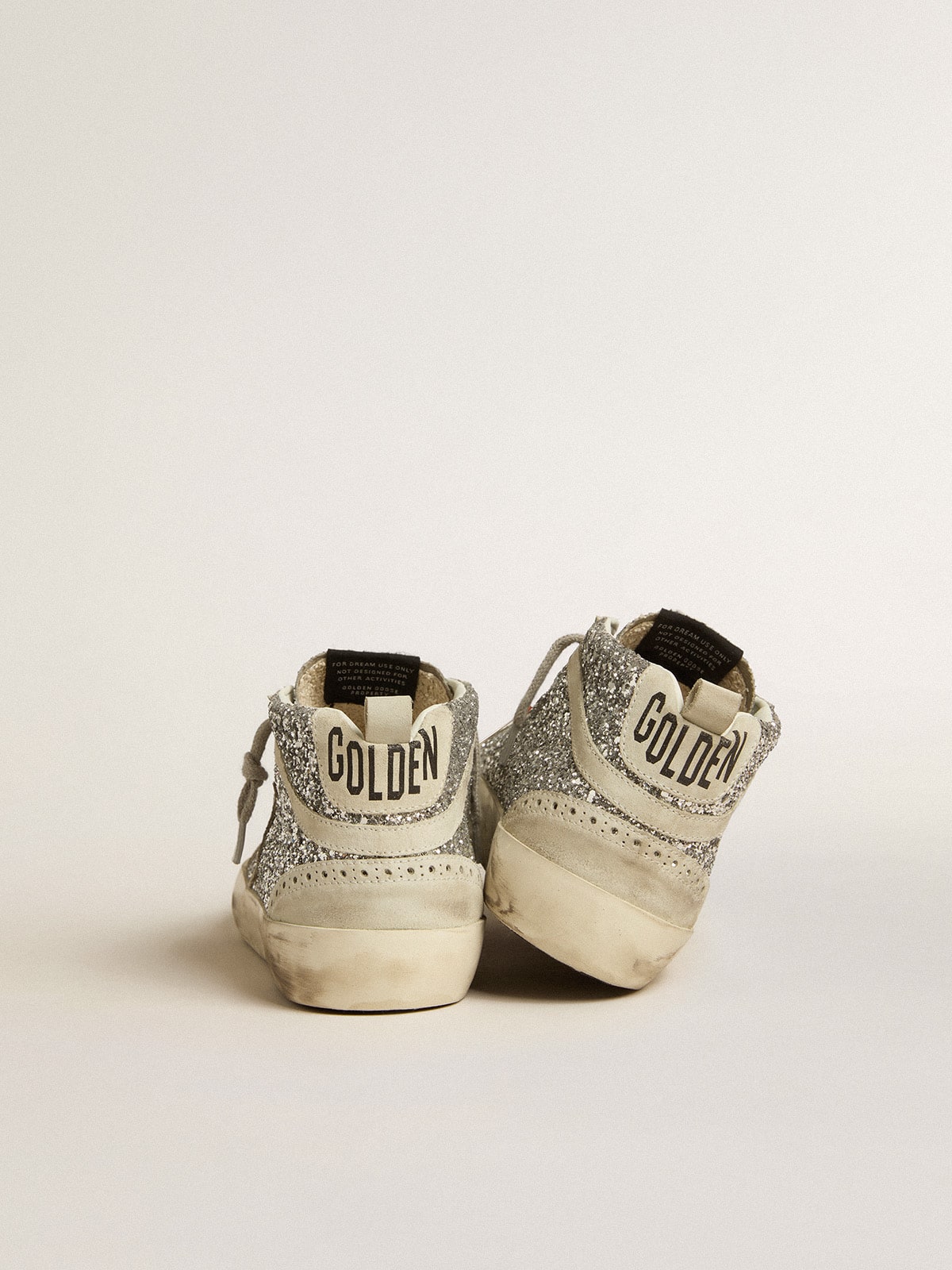 Golden Goose Mid Star in silver glitter with ice-gray suede star and flash