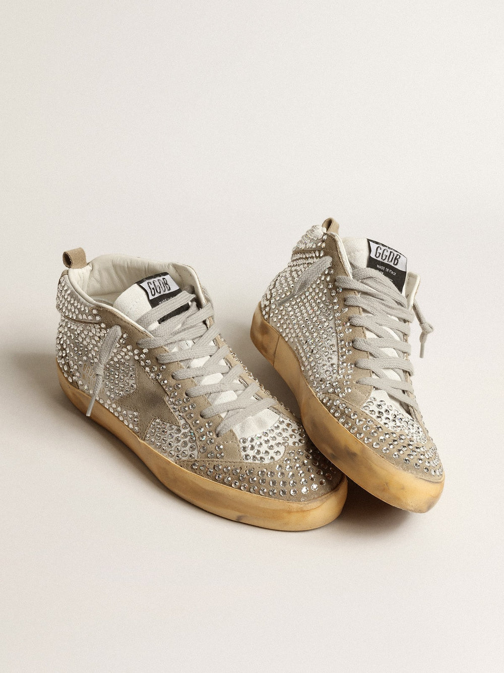 Golden Goose Women’s Mid Star in white and dove-gray suede with Swarovski crystals