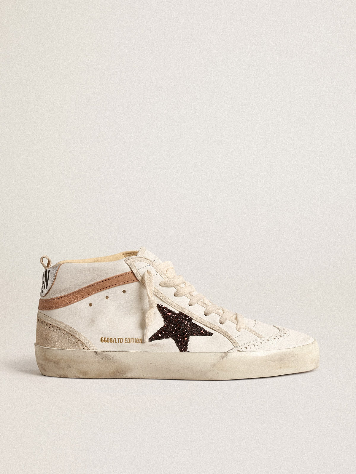 Golden Goose Mid Star  in nappa with glitter star and nude leather flash