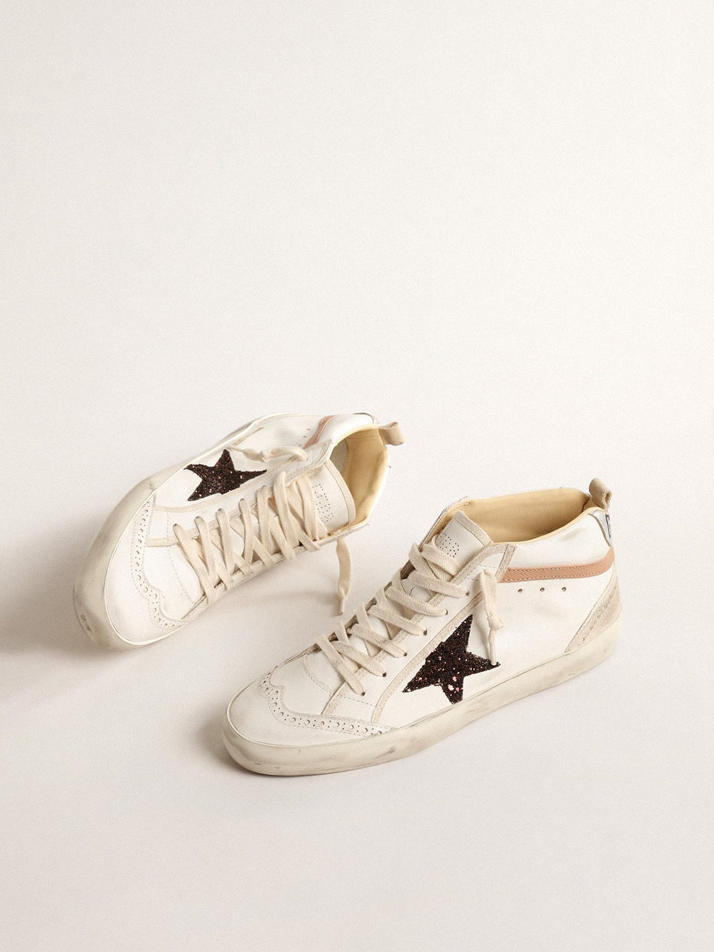 Golden Goose Mid Star  in nappa with glitter star and nude leather flash