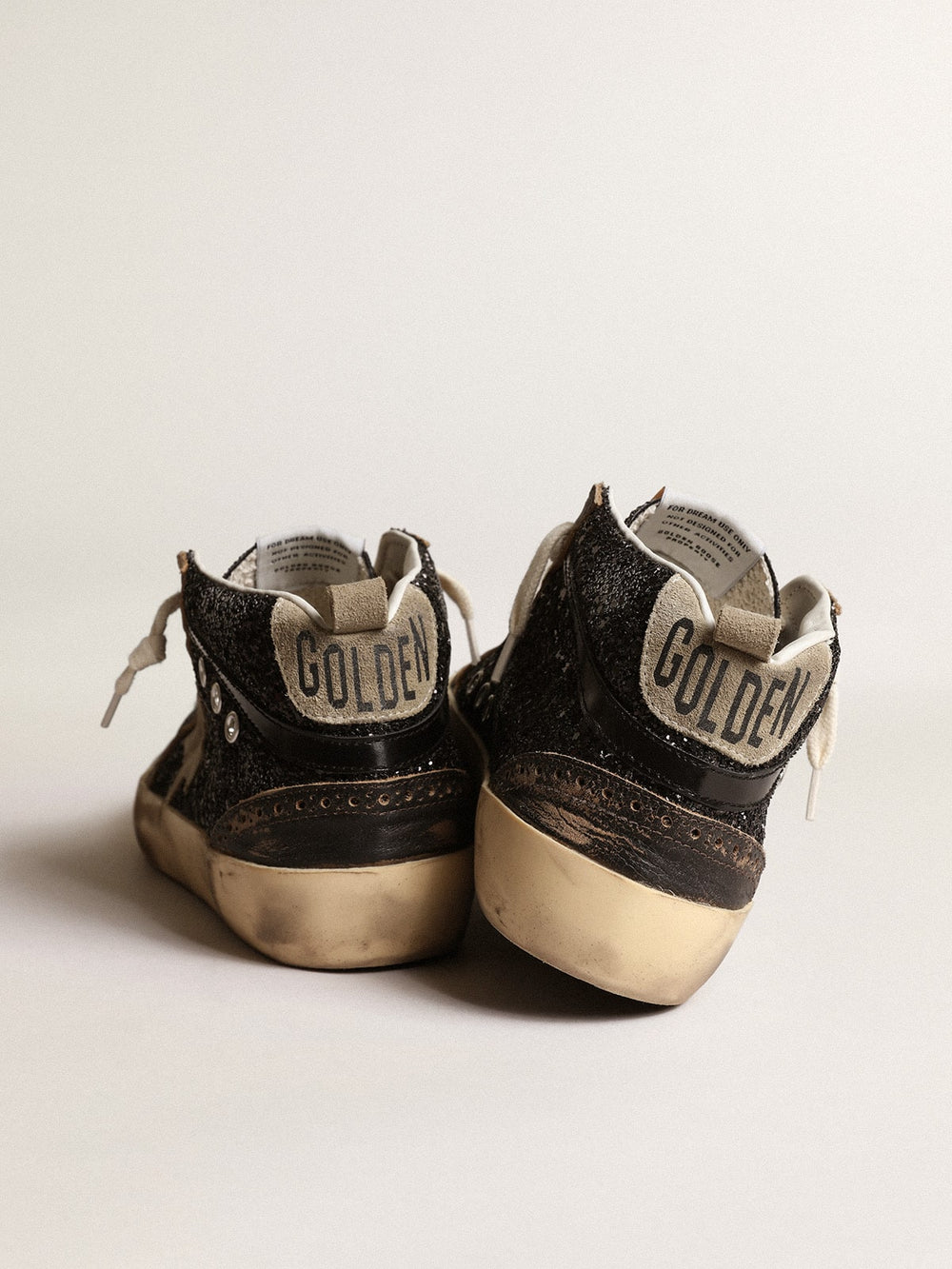 Golden Goose Women’s Mid Star in black glitter with dove-gray suede star and heel tab