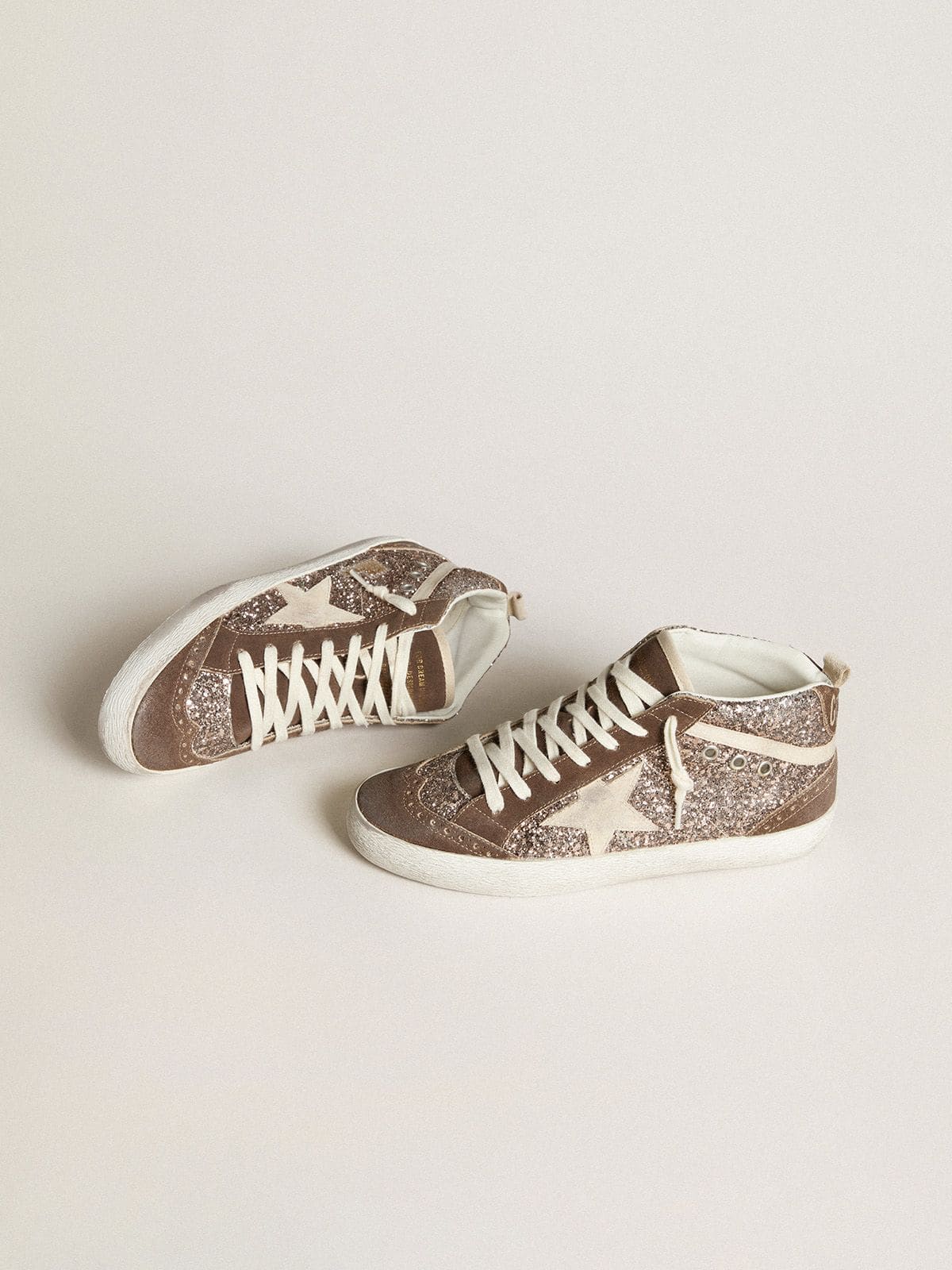 Golden Goose Women's Mid Star in glitter with pearl suede star and brown suede inserts