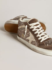 Golden Goose Women's Mid Star in glitter with pearl suede star and brown suede inserts