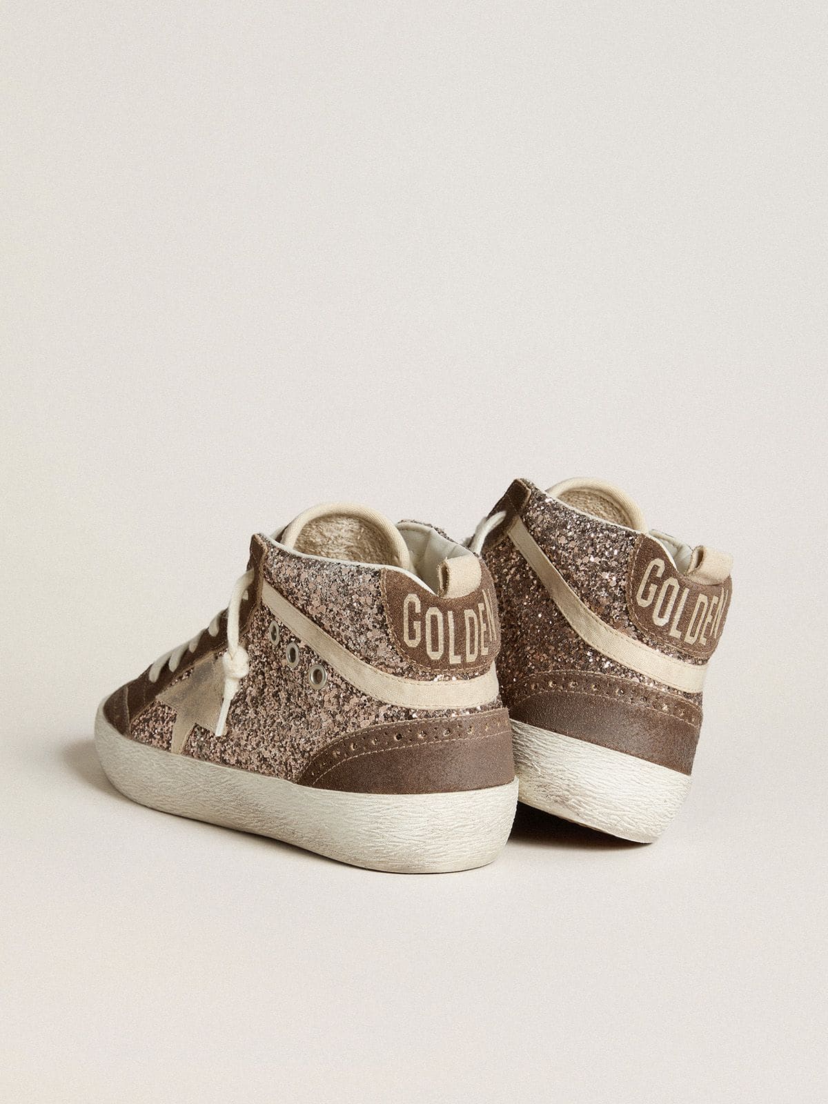 Golden Goose Women's Mid Star in glitter with pearl suede star and brown suede inserts