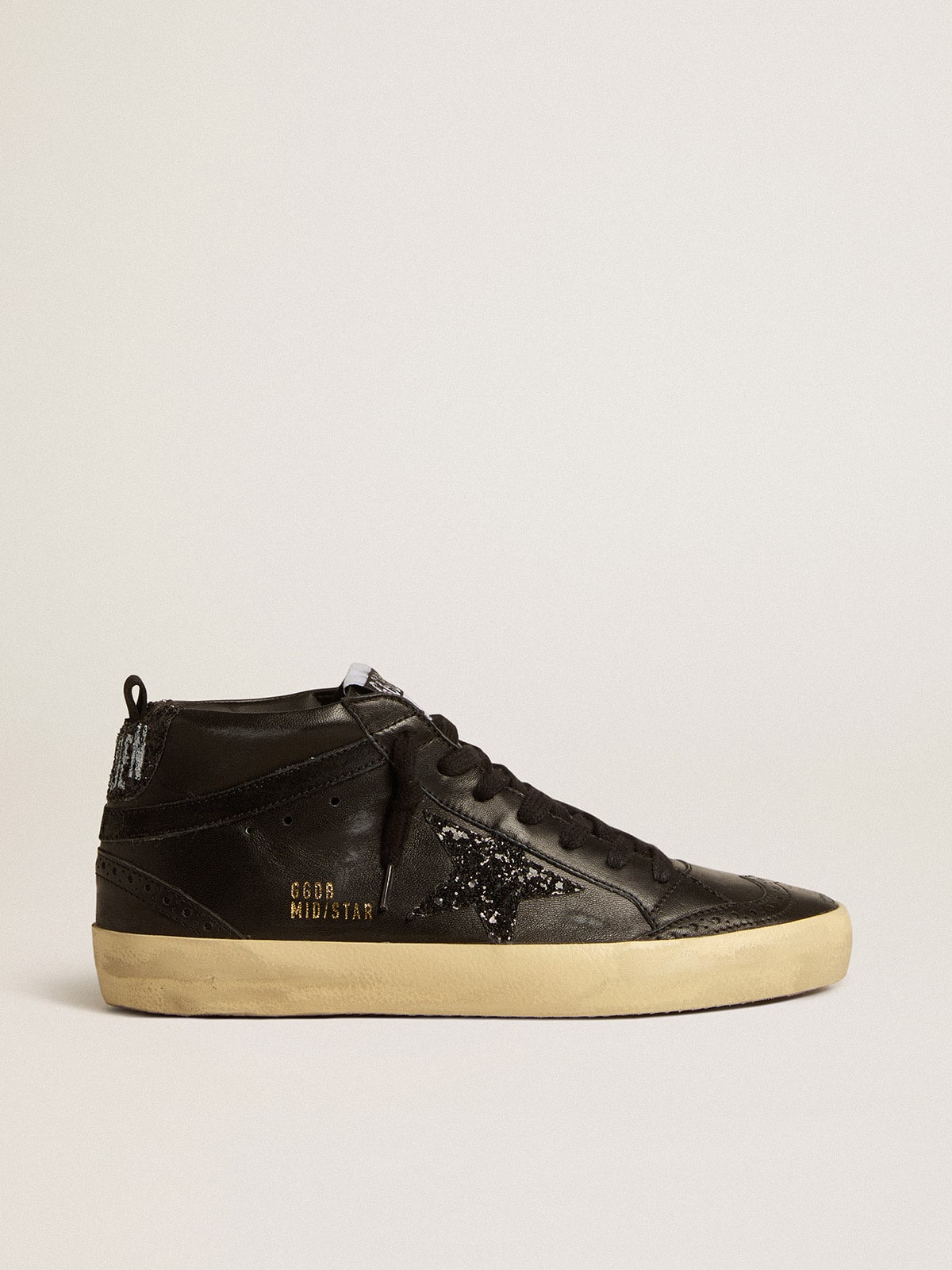 Golden Goose Women's Mid Star in black nappa with black glitter star and suede flash