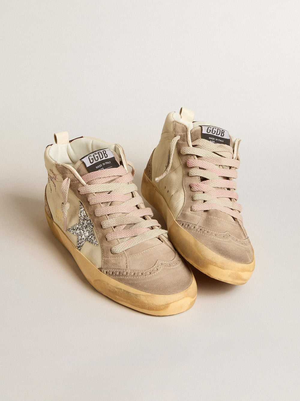 Golden Goose Women's Mid Star in nappa leather with floral embroidery and silver glitter star