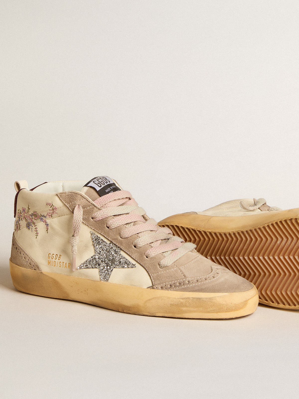 Golden Goose Women's Mid Star in nappa leather with floral embroidery and silver glitter star