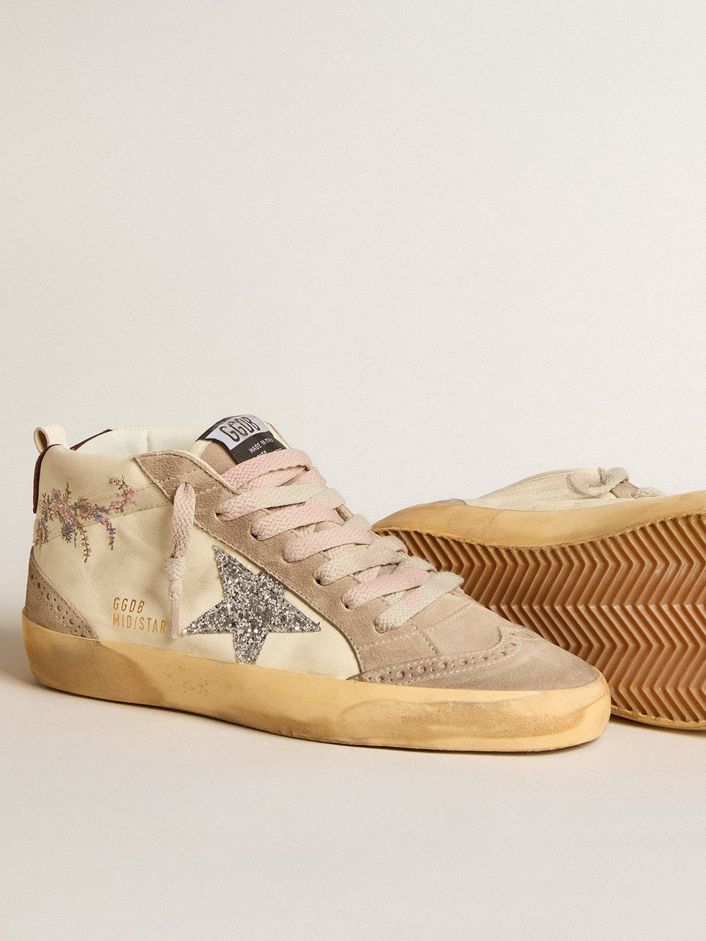 Golden Goose Women's Mid Star in nappa leather with floral embroidery and silver glitter star