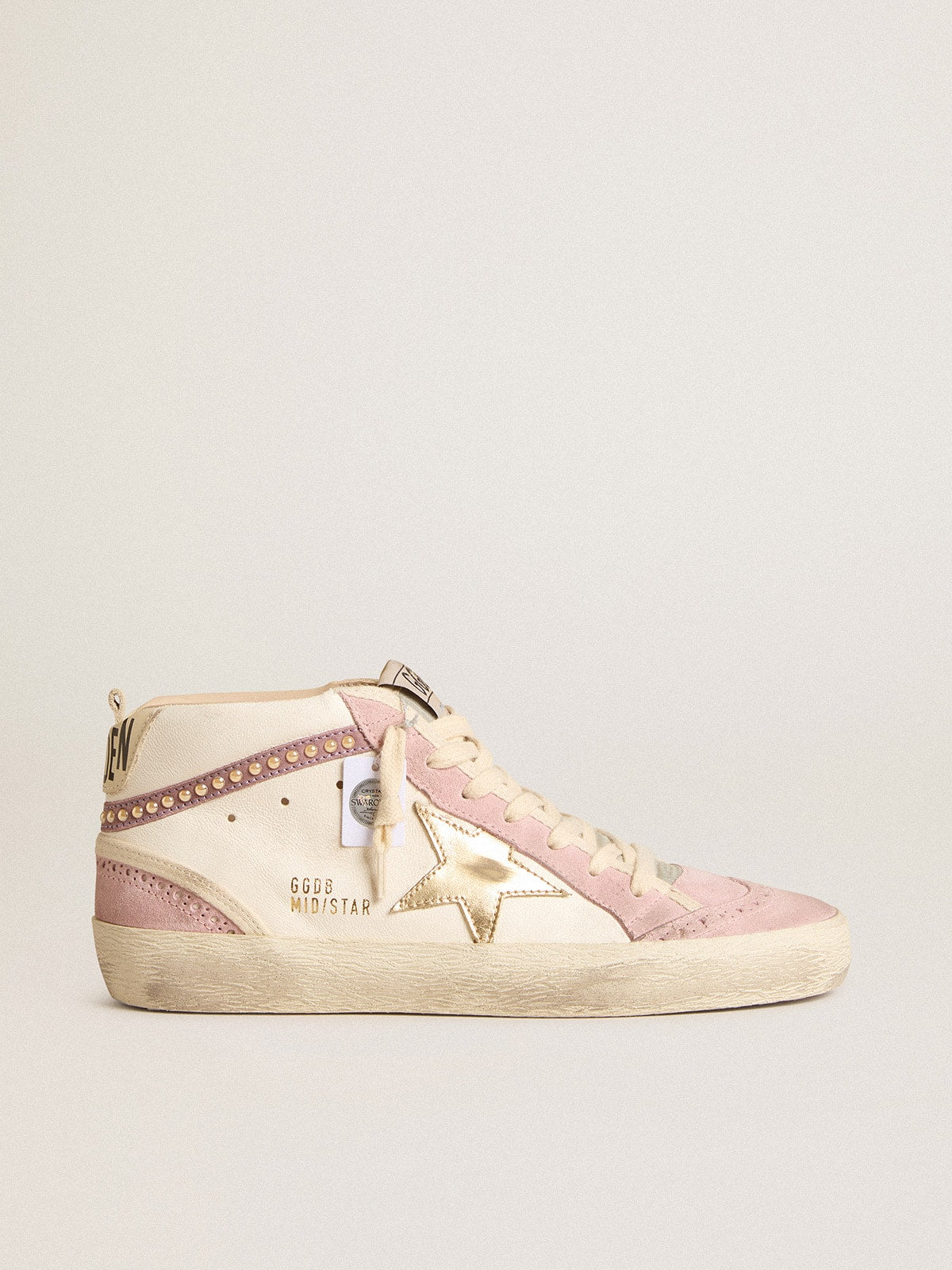 Golden Goose Mid Star with gold leather star and pink suede flash with pearls