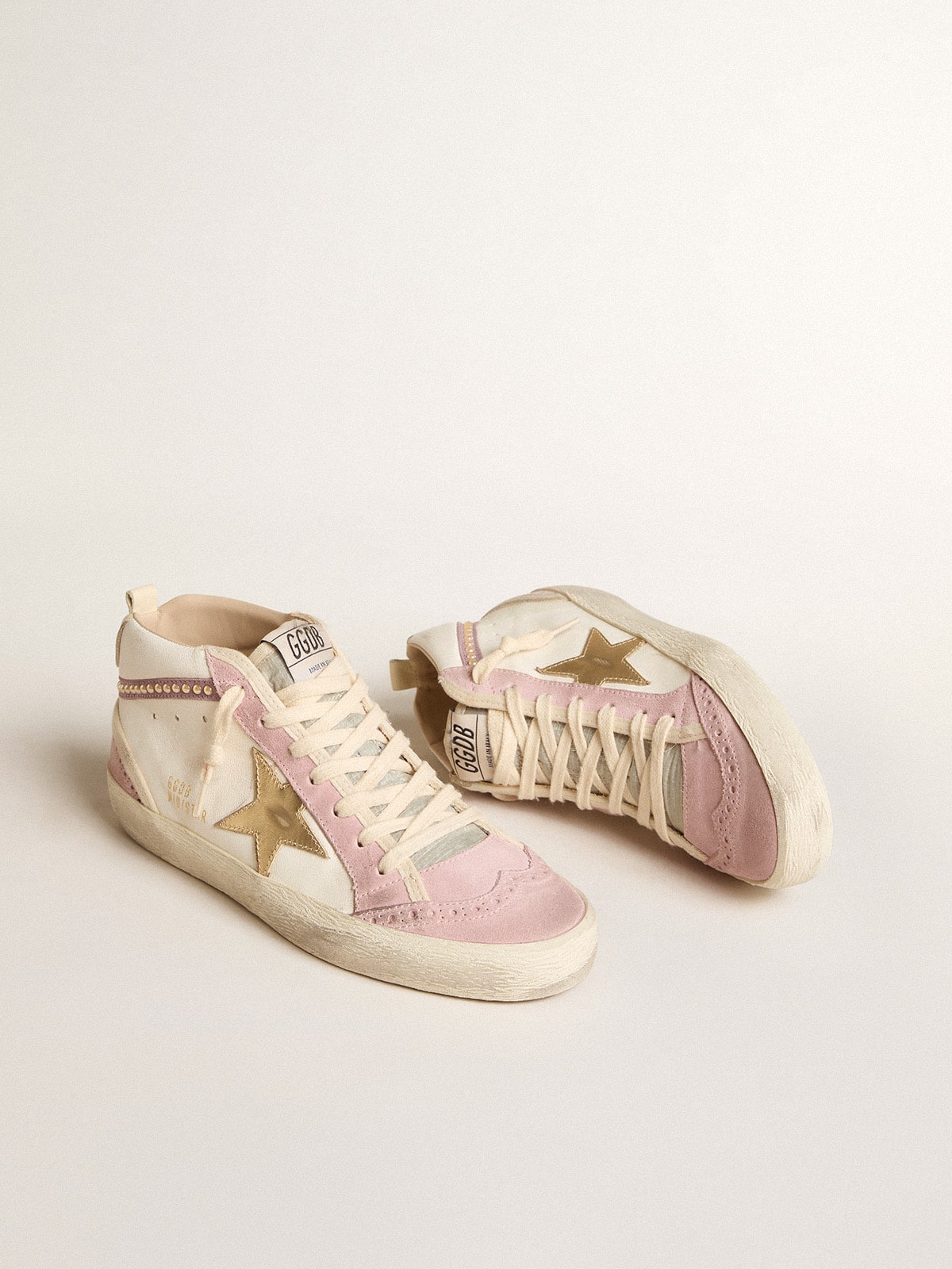Golden Goose Mid Star with gold leather star and pink suede flash with pearls