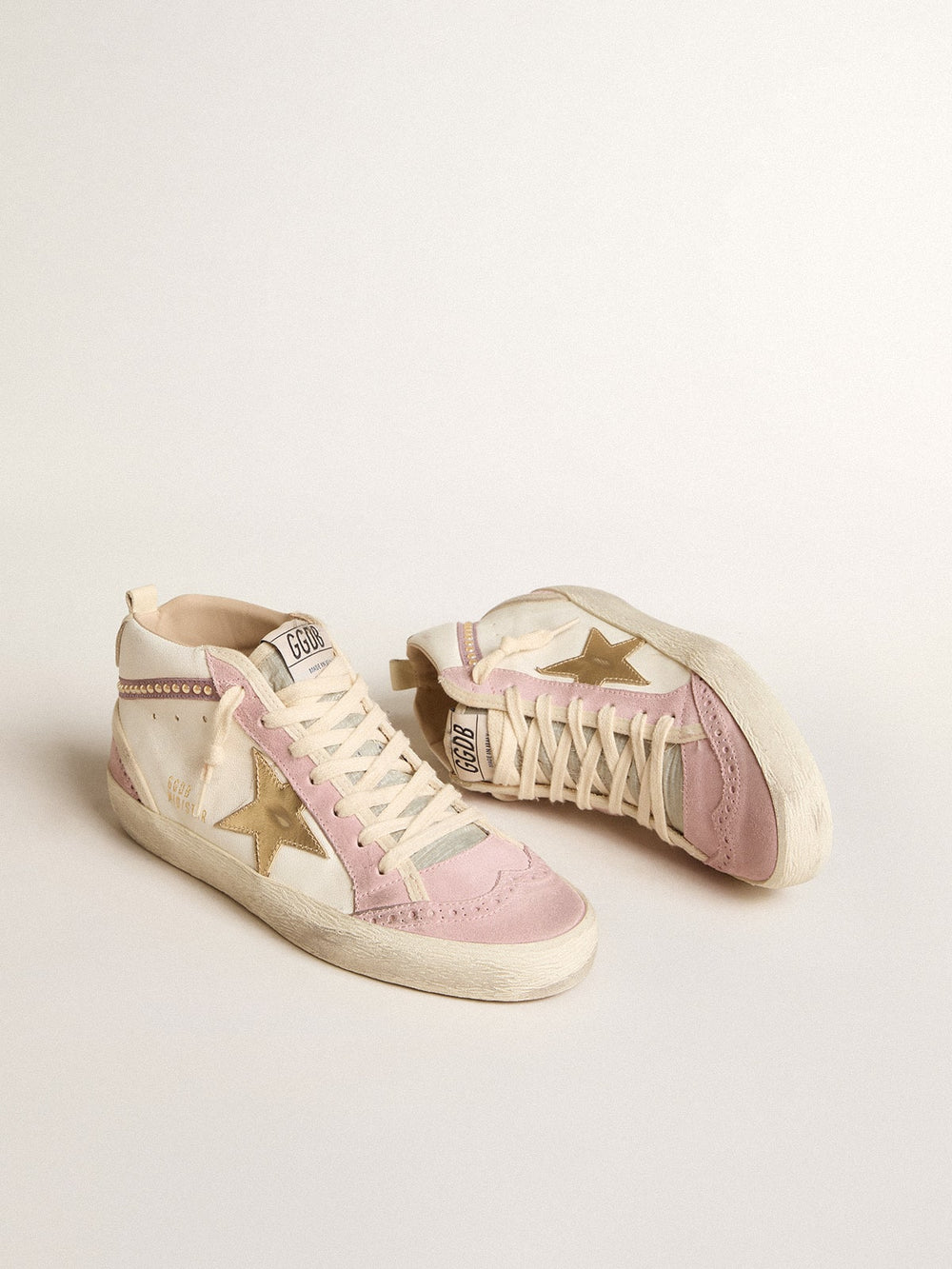 Golden Goose Mid Star with gold leather star and pink suede flash with pearls