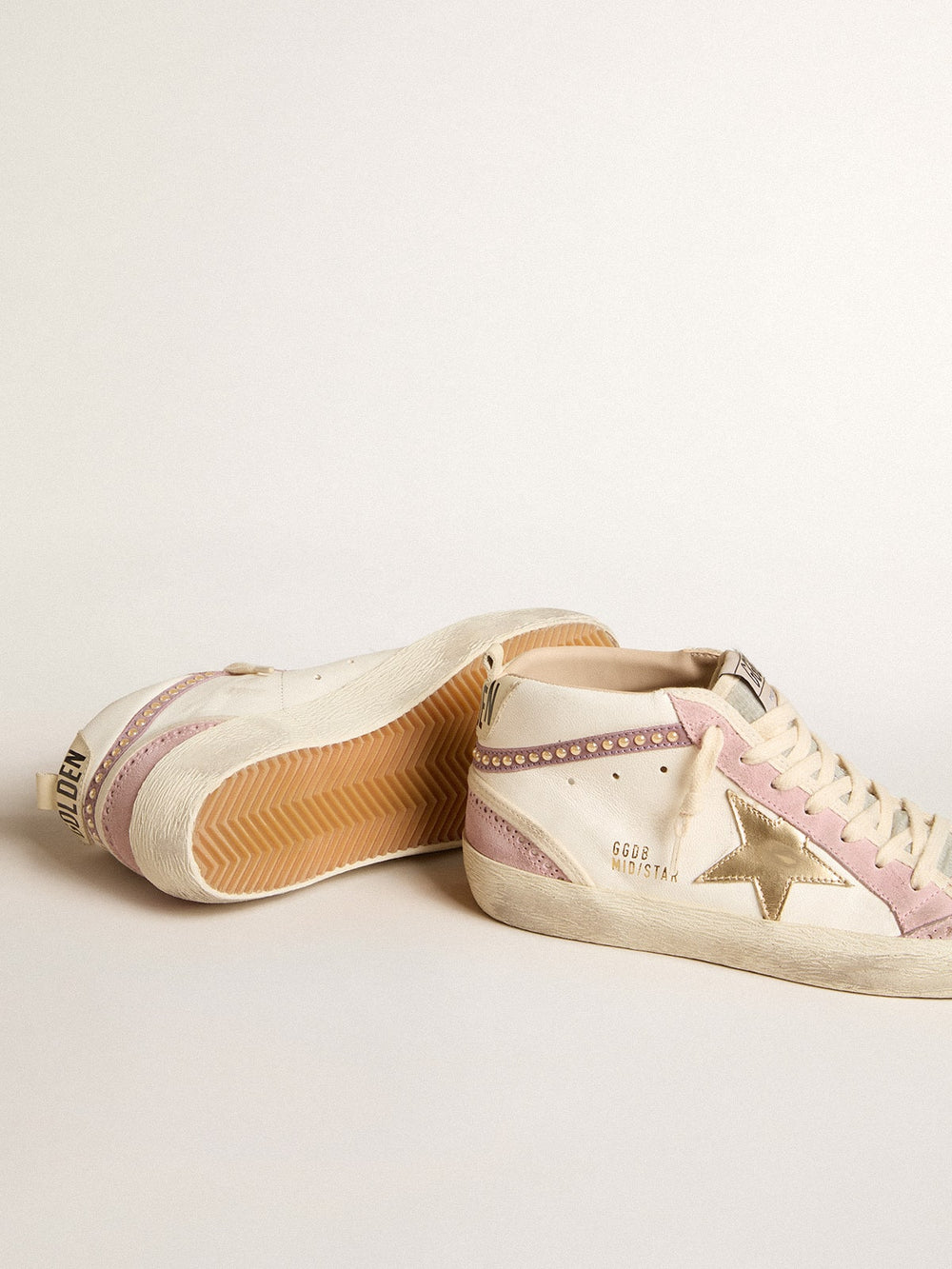 Golden Goose Mid Star with gold leather star and pink suede flash with pearls