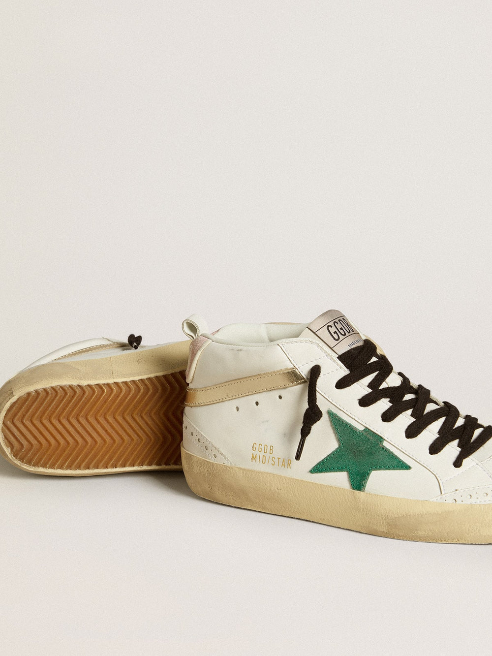 Golden Goose Women's Bio-based Mid Star with green suede star and pink suede heel tab