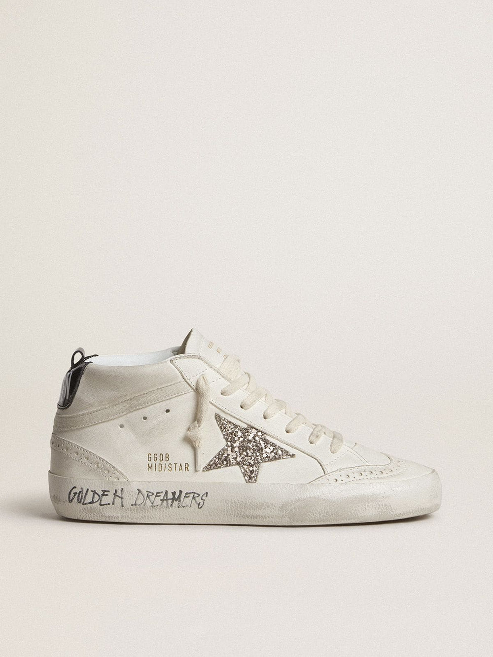 Golden Goose Women's Mid Star with silver glitter star and black laminated heel tab