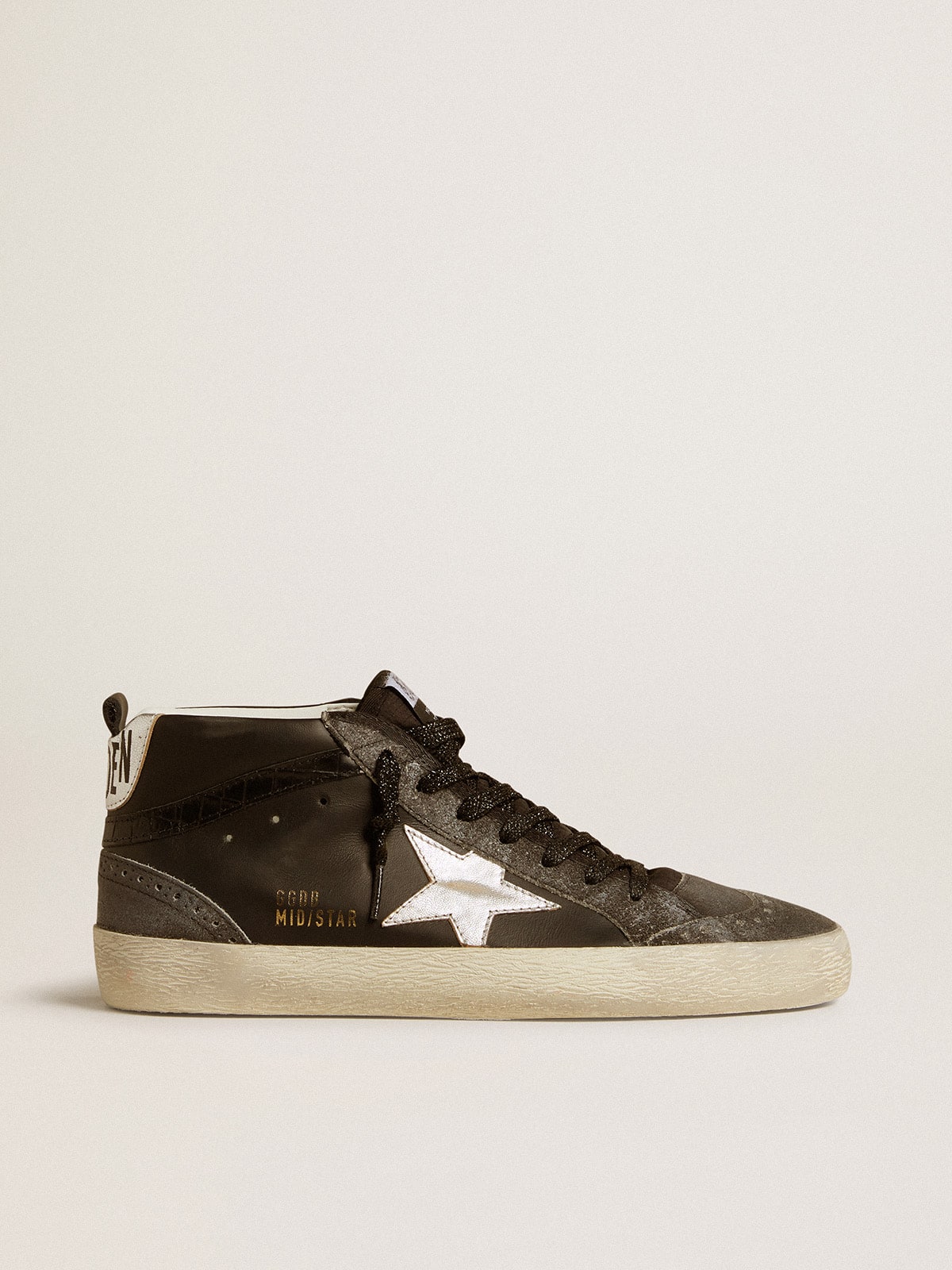 Golden Goose Women’s Mid Star in black leather with silver metallic leather star