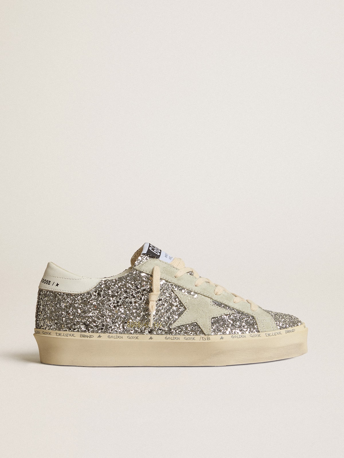 Golden Goose Women's Hi Star in silver glitter with suede star and white heel tab
