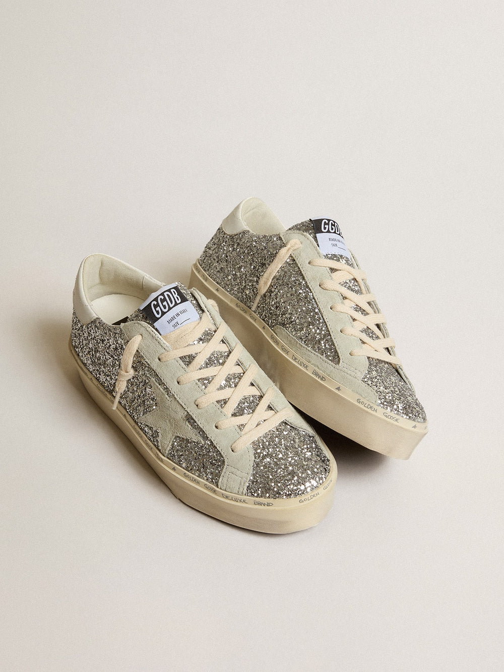 Golden Goose Women's Hi Star in silver glitter with suede star and white heel tab