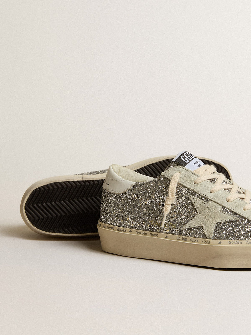 Golden Goose Women's Hi Star in silver glitter with suede star and white heel tab