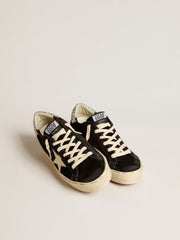Golden Goose Women’s Hi Star in black leather with silver glitter heel tab